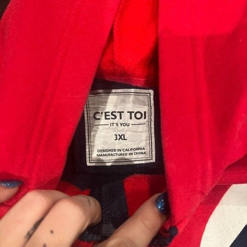 C'est Toi Its You 3XL Blue Red and White Hoodie Long Sleeves with Zipper Hooded - Picture 4 of 5